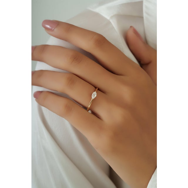 Modern Marquise Cut Diamond Solitaire Ring Size 4 in 14k Yellow Gold For Sale - Image 11 of 16