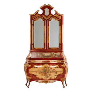 Italian Venetian Rococo-Style Painted Secretary Cabinet-Mirrored Doors, C. 1930s For Sale
