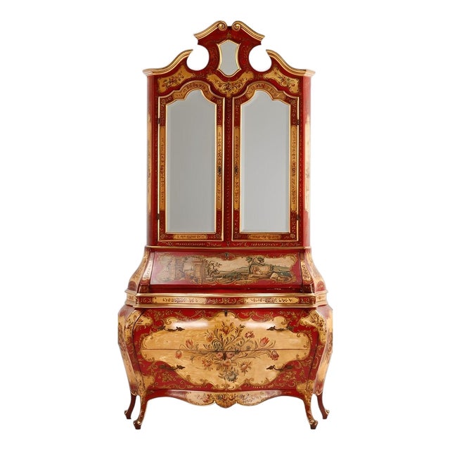 Italian Venetian Rococo-Style Painted Secretary Cabinet-Mirrored Doors, C. 1930s For Sale