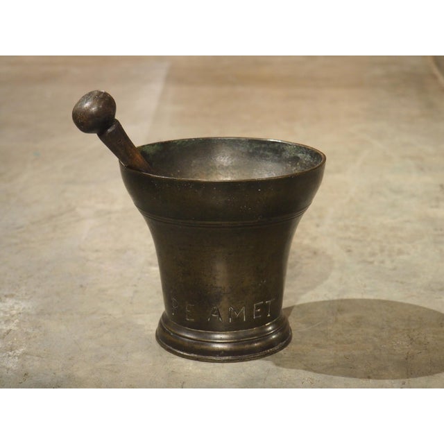 18th Century Bell Shaped French Bronze Mortar With Pestle, Inscribed Pe Amet For Sale - Image 10 of 11
