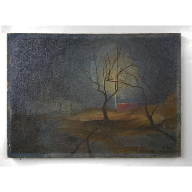 Gothic Vintage Mid 20th Century Surreal Light in the Night Painting For Sale - Image 3 of 3