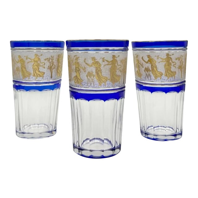 Vintage Set of 3 Val St. Lambert Danse De Flore Cobalt Crystal Tumblers For Sale