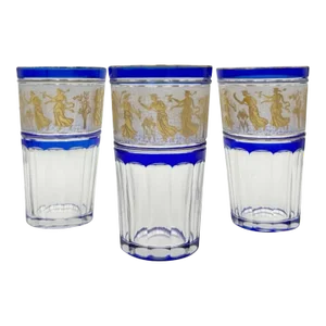 Vintage Set of 3 Val St. Lambert Danse De Flore Cobalt Crystal Tumblers