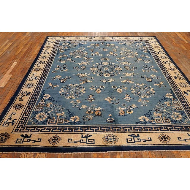 Antique Chinese Peking rug, size: 7'10" x 9'8". Blue Floral Medallion Hand Knotted Pile Rectangle Wool Antique 1920s Rug,...