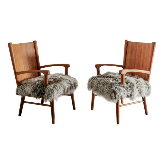 Swedish Modern Wooden Armchairs in Pine & Sheepskin, 1940s, Set of 2 For Sale