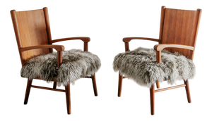 Swedish Modern Wooden Armchairs in Pine & Sheepskin, 1940s, Set of 2
