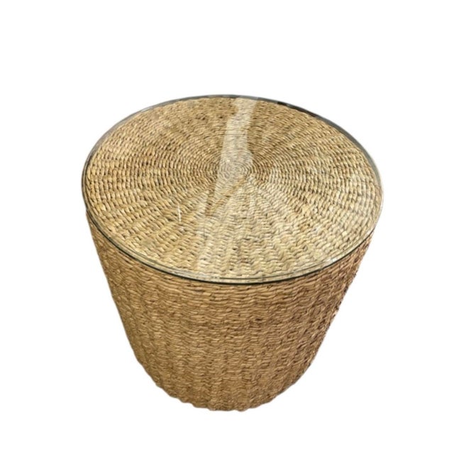 2000 - 2009 Handcrafted Woven Seagrass Drum Side Table With Glass Top For Sale - Image 5 of 12