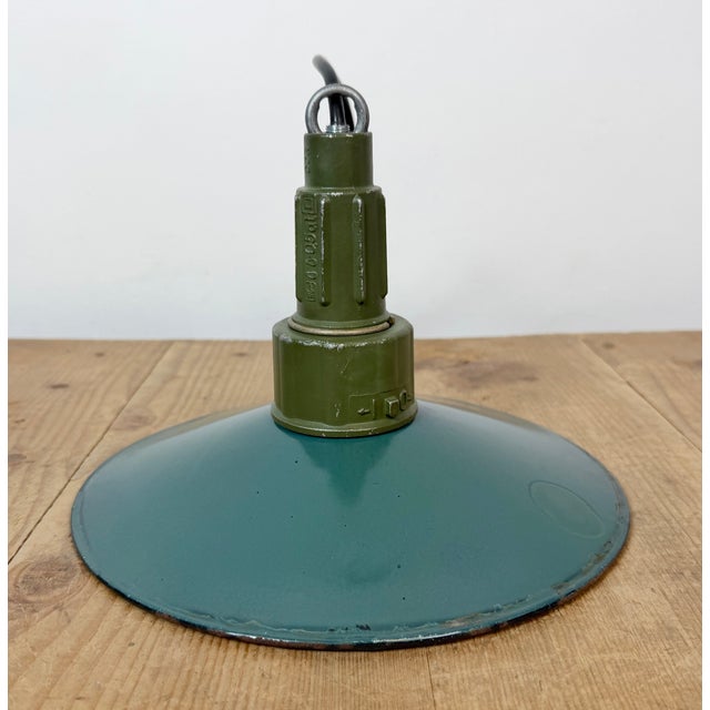 Industrial Petrol Enamel Military Pendant Lamp with Cast Aluminium Top, 1960s For Sale - Image 10 of 17