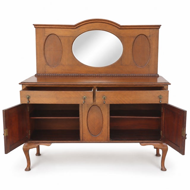 1940s Antique Honey-Brown Wood Buffet With Oval Mirror and Cabriole Legs For Sale - Image 9 of 10