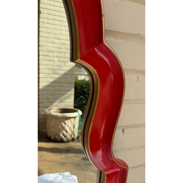 Mid-Century Modern Chic Vintage Mid-Century Arched Top Wall Mirrors in Red With Gilt Accent Newly Painted - A Pair For Sale - Image 3 of 9