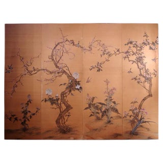 Antique Japanese Painted Silk Panel with Flowers and Birds Decor, 1900s For Sale