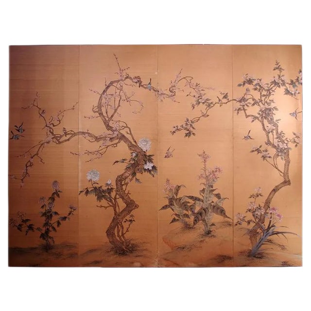Antique Japanese Painted Silk Panel with Flowers and Birds Decor, 1900s For Sale