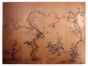 Antique Japanese Painted Silk Panel with Flowers and Birds Decor, 1900s