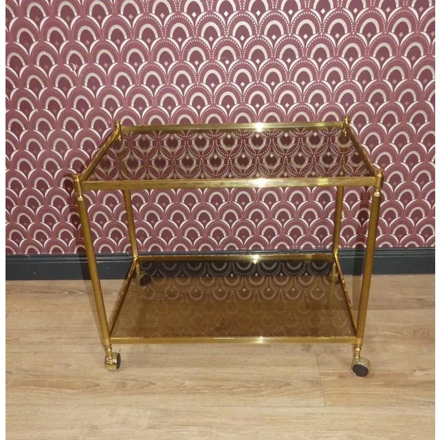 Brown Brass & Glass Side Table on Wheels, 1970s For Sale - Image 8 of 8