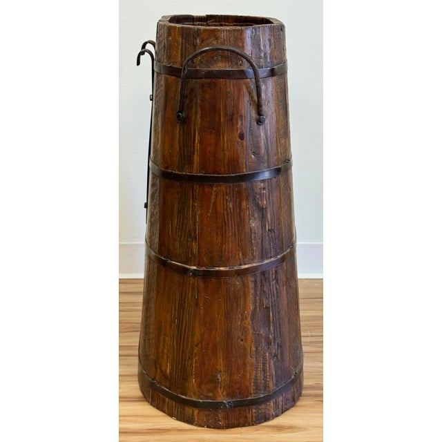 Antique Large Wood Bucket Umbrella Stand With Metal Fittings For Sale In Kansas City - Image 6 of 10