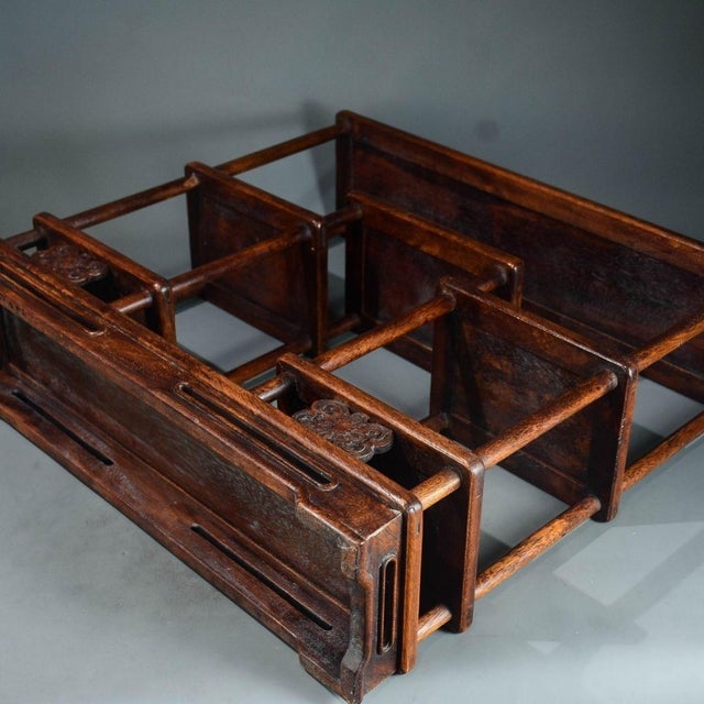 Mid 20th Century Vintage Chinese Huali Rosewood "Curio" Display Stand (Bogujia) With Carved Apron For Sale - Image 5 of 9