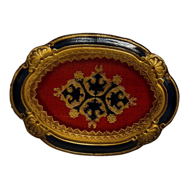 Vintage Florentine Italian Gilt Tray | Red Black Gold Hollywood Regency Serving Tray For Sale