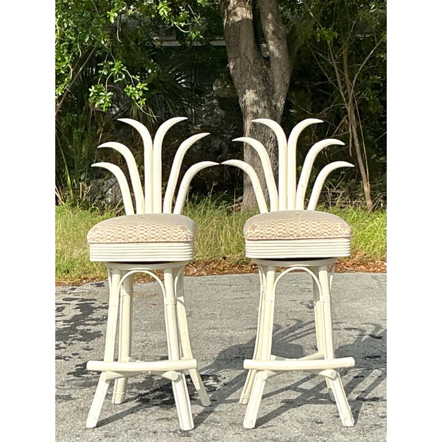 Wood Vintage Coastal Swivel Pineapple Rattan Quadrille Covered Bar Stools - A Pair For Sale - Image 7 of 8