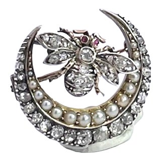 Early 20th Century Victorian Diamond Pearl Crescent W/Bee For Sale