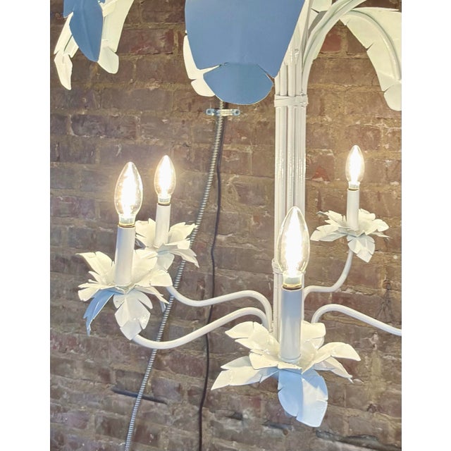 Late 20th Century Vintage Tole Metal Newly Painted White Palm Leaf Chandelier Curated by Turtle and Crane - Dorothy Draper Style For Sale - Image 5 of 8