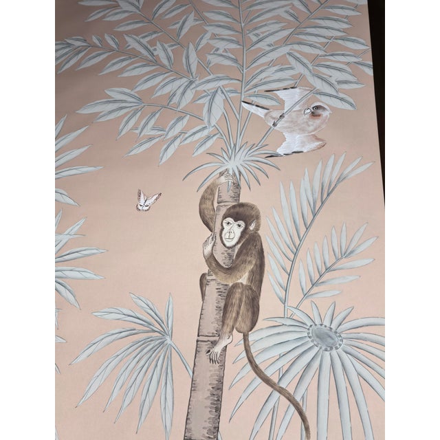 Indian Chinoiserie Hand‑Painted Wallpaper Panels, Taupe Tropical Floral Bird & Monkey Motifs, Set of 5 For Sale - Image 3 of 5