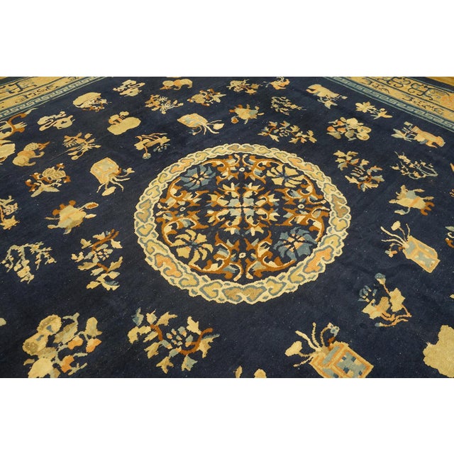Traditional Floral-Medallion Design in a Navy Background Color Antique Chinese Peking Rug For Sale - Image 9 of 12