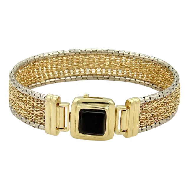 Wide 14k Yellow Mesh Gold & Onyx Bracelet For Sale