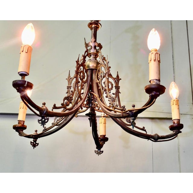 Gothic Gilded Brass Five Branch Chandelier For Sale - Image 3 of 8