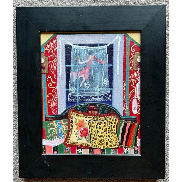 Original painting on canvas of interior with Angel in window. Signed in the painting, by listed artist Fay Sciarra....