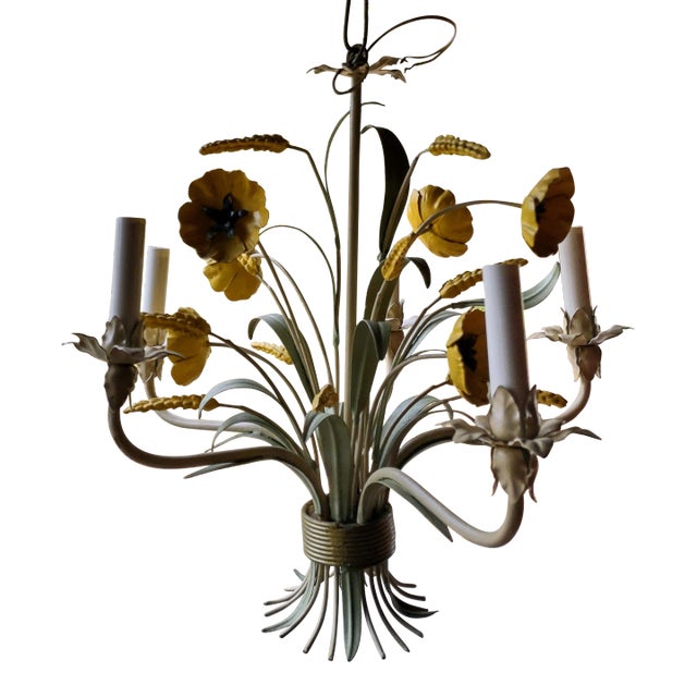 1960s Italian Tole Painted 5 Arm Chandelier With Wheat and Flowers For Sale