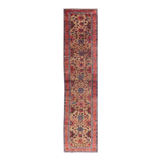Antique Persian Hamadan Long Runner With Geometric Motifs in Light Camel Field For Sale