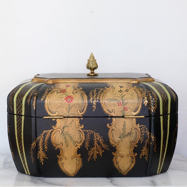 Mid 20th Century Maitland Smith Hand Painted Fabric Black Floral Design Wood Interior Hinged Box For Sale In Raleigh - Image 6 of 6