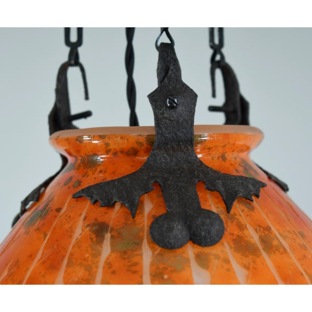 Schneider Le Verre Francais French Art Deco Cameo Pendant Light 1920s - Fougeres Lantern Wrought Iron For Sale - Image 14 of 15