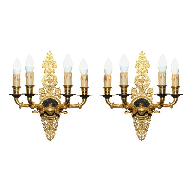 Italian 24ct Gold Plated Four Candle Sconces in Bronze, Set of 2 For Sale