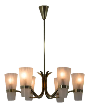 Brass and Glass Chandelier in Lyfa Style, Denmark, 1970s