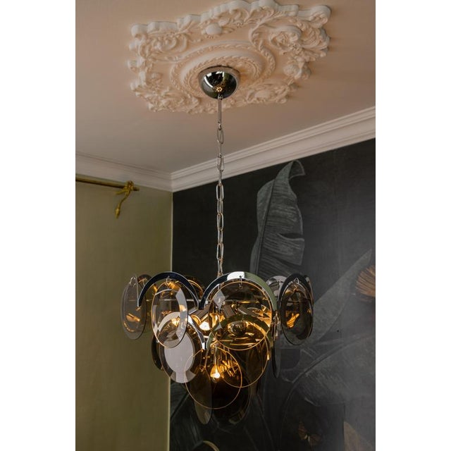 Gray Smoked Glass and Chromed Metal Seven-Light Pendant Chandelier, 1970s For Sale - Image 8 of 18