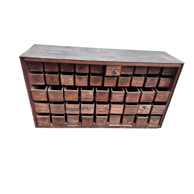 Mid 20th Century Primitive Industrial Parts Cabinet Handmade Wooden Cheese Box Drawers For Sale - Image 13 of 18