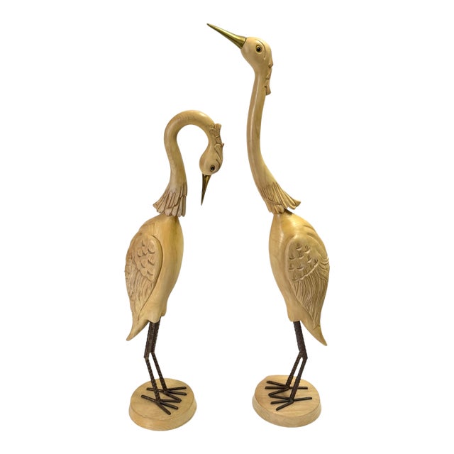 Pair Italian Hollywood Regency Carved Wood, Brass & Iron Heron Sculptures, C1980 For Sale