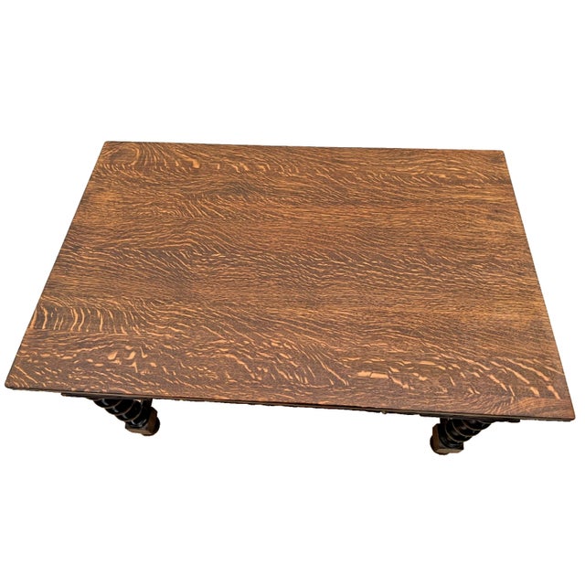 Early 20th Century Antique Barley-Twist Tiger Oak Library Desk Writing Table Jacobean Revival Shelf For Sale - Image 5 of 13