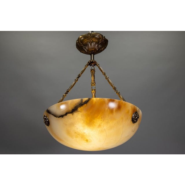 French Art Deco Cream Alabaster and Brass Pendant Light, 1920s For Sale - Image 3 of 18