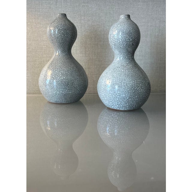 Pair vintage Japanese mid-century raku crackle glaze studio art pottery Showa period vases. These have a wonderful gourd...