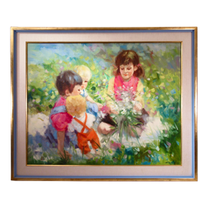 Louis Van Der Beesen "Children Playing In A Field" Large Oil Painting On Canvas C. 1980 Painting