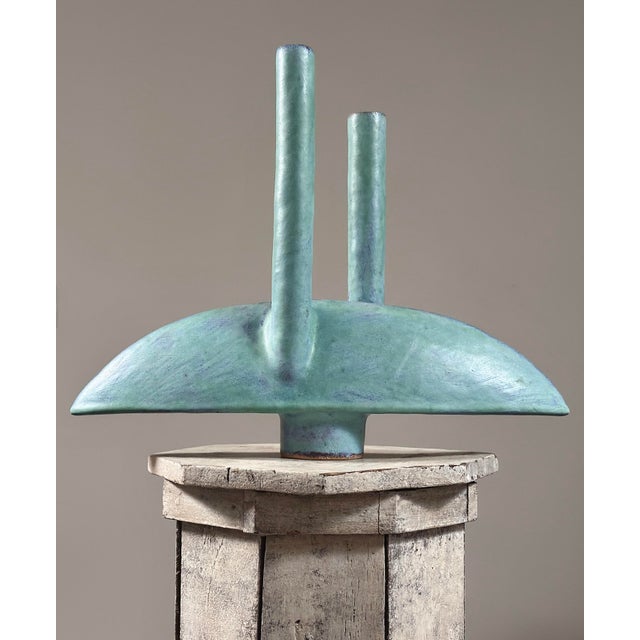 Mid-Century Modern Vintage Japanese Modernist Turquoise Double Stem Ikebana Ceramic Vessel, Signed For Sale - Image 3 of 11