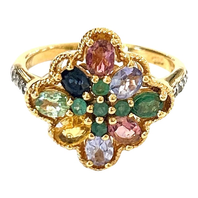 Bochic “Orient” Diamond & Multi Sapphire Vintage Cluster Ring Set 18k & Silver Size 6.5 For Sale