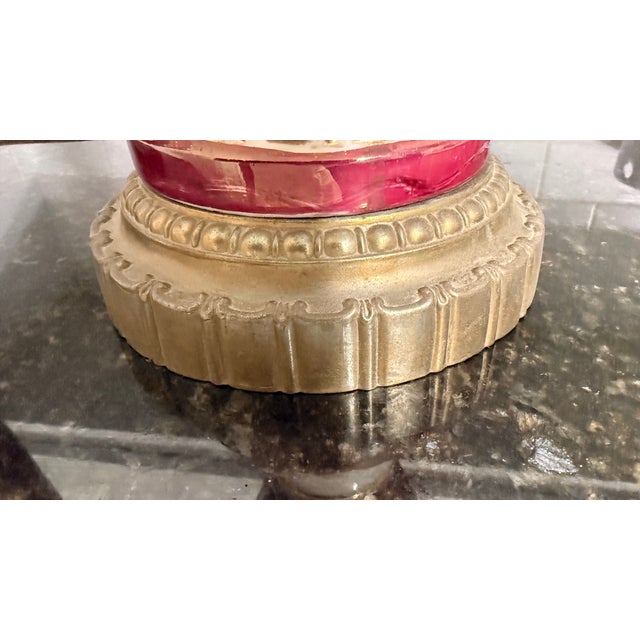 Vintage Ruby Porcelain Courting Scene Table Lamps With Gilt Accents — Pair For Sale - Image 11 of 12