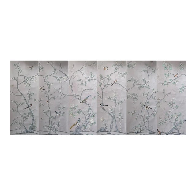 Chinoiserie Mural Hand Painted Wallpapers on Silk Panel - 6 Panels For Sale