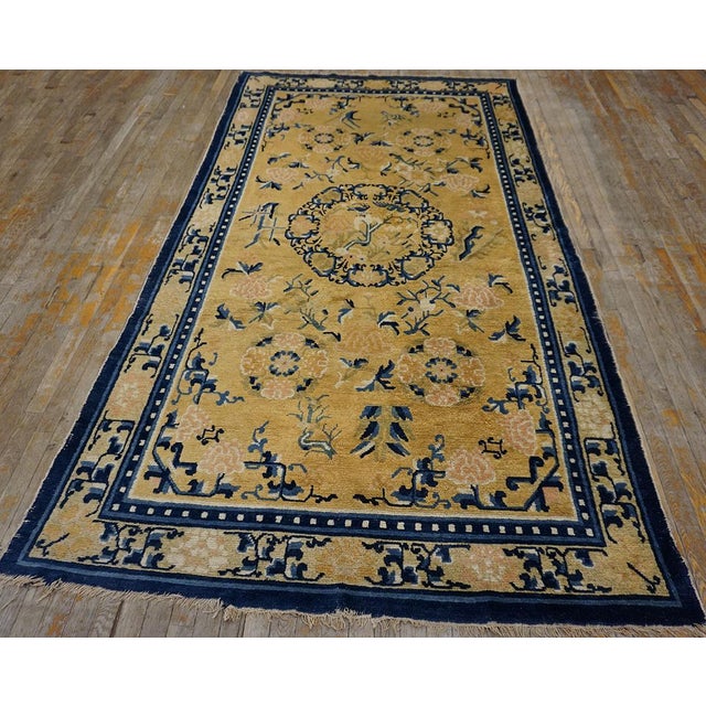 1820s Yellow Medallion Antique W. Chinese Ningxia Rug 5'4" X 9'8" Handknotted Wool Carpet For Sale - Image 4 of 12