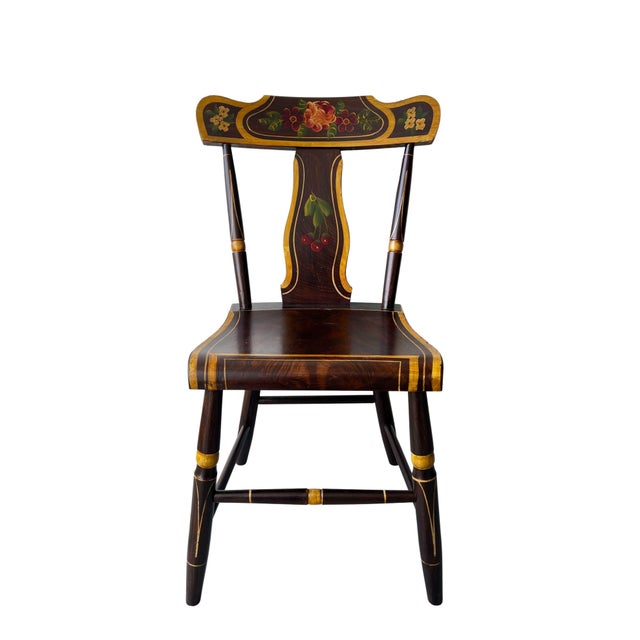 PENNSYLVANIA, POSSIBLY CUMBERLAND CO., PAINTED FANCY SIDE CHAIRS with PLANK SEAT, each with tablet-type crest rail, and...
