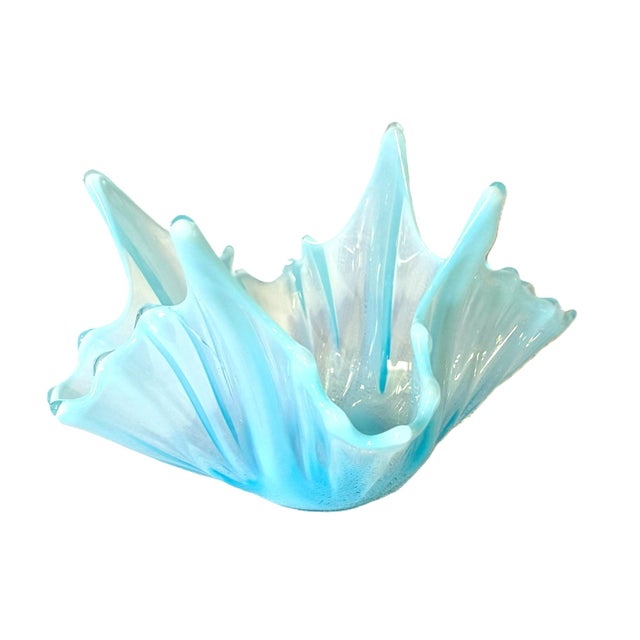 Cerulean Vintage Handkerchief Bowl of Opalescent Crimped Blue Glass, by Fostoria For Sale - Image 8 of 12