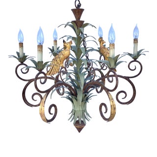 Large Palm Leaf and Parrot Tole Chandelier For Sale